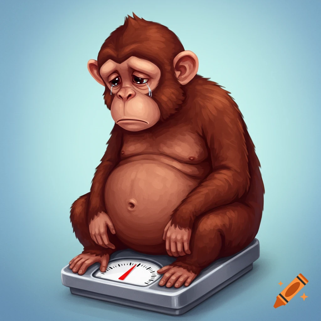 A sad cartoon monkey sits on a bathroom scale.