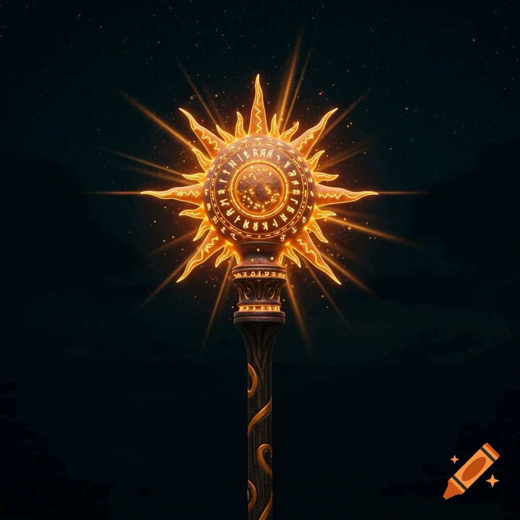 A glowing magical mace with sun elements and runes on a dark background.