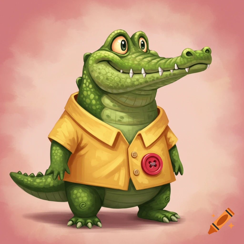 A cute cartoon crocodile wearing a yellow shirt.