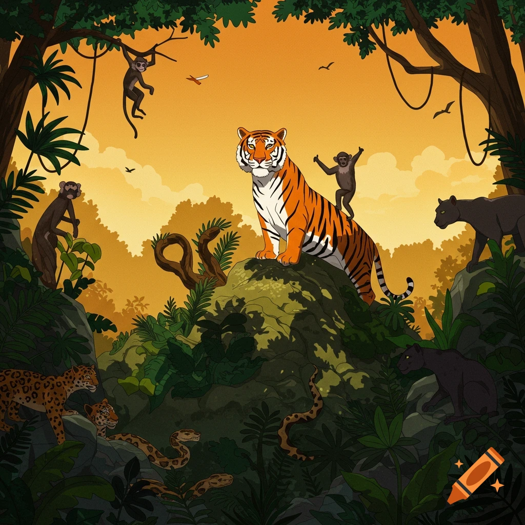 A tiger and other jungle animals including monkeys, leopards, and snakes in a vibrant jungle setting.