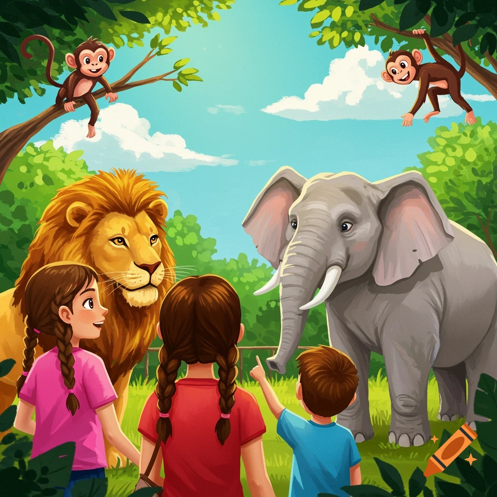 Cartoon illustration of children watching a lion, elephant, and monkeys at a zoo.