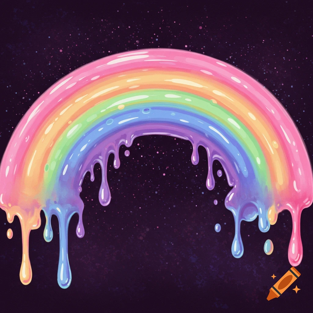 A drippy pastel rainbow against a dark, starry background.