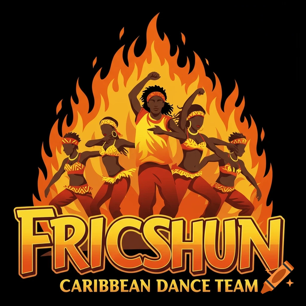 Logo for Fricshun Caribbean Dance Team with stylized dancers and fire