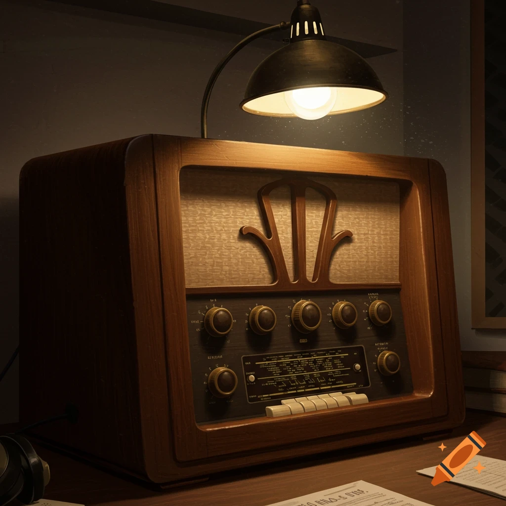 A vintage wooden radio is on a desk under a lamp.