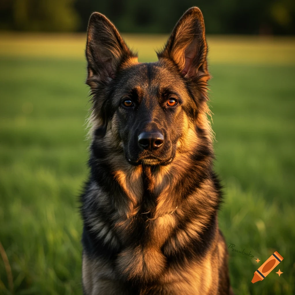 A close-up portrait of a German Shepherd dog sitting in a field at sunset.