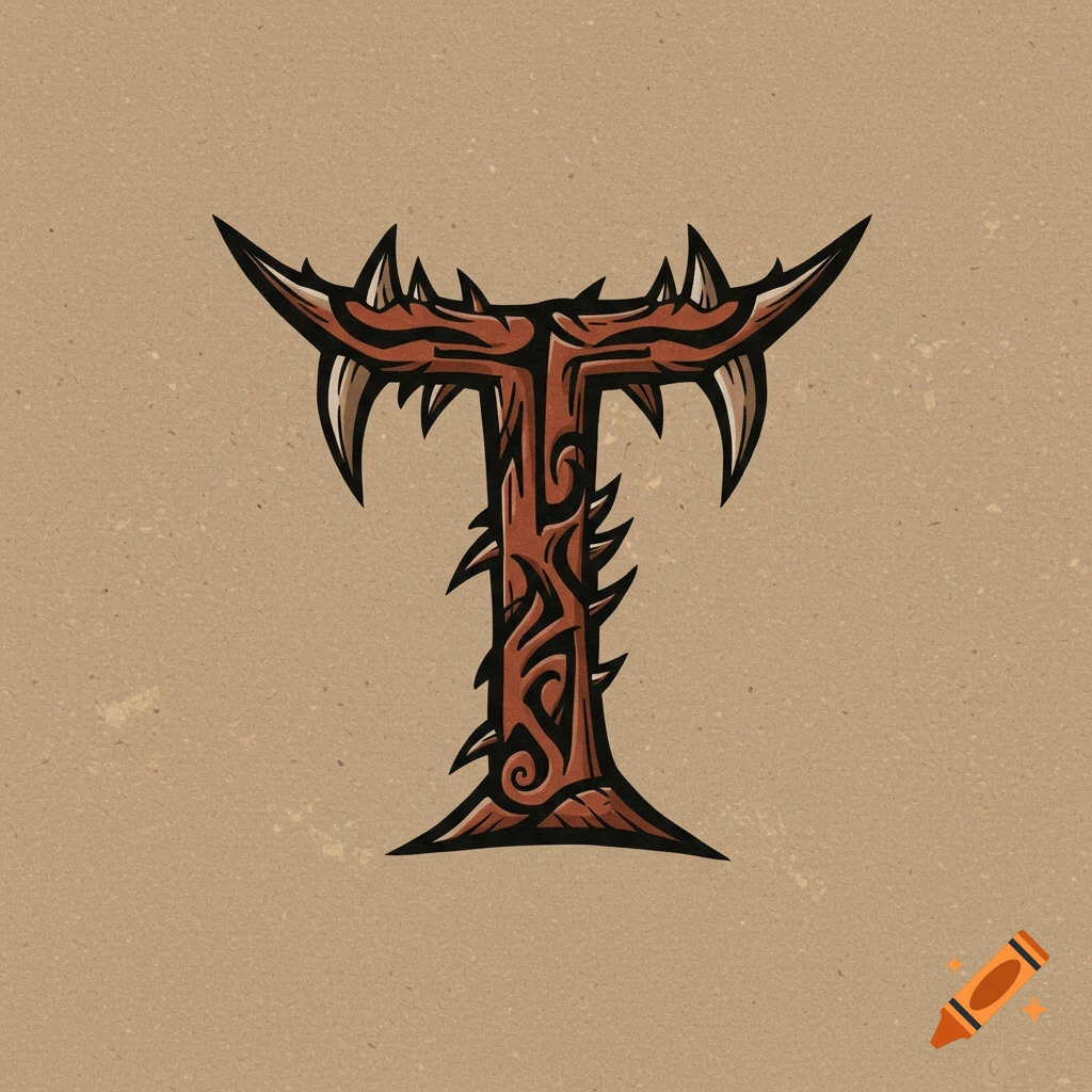 Stylized letter T monogram logo with barb-like forms and primal patterns.