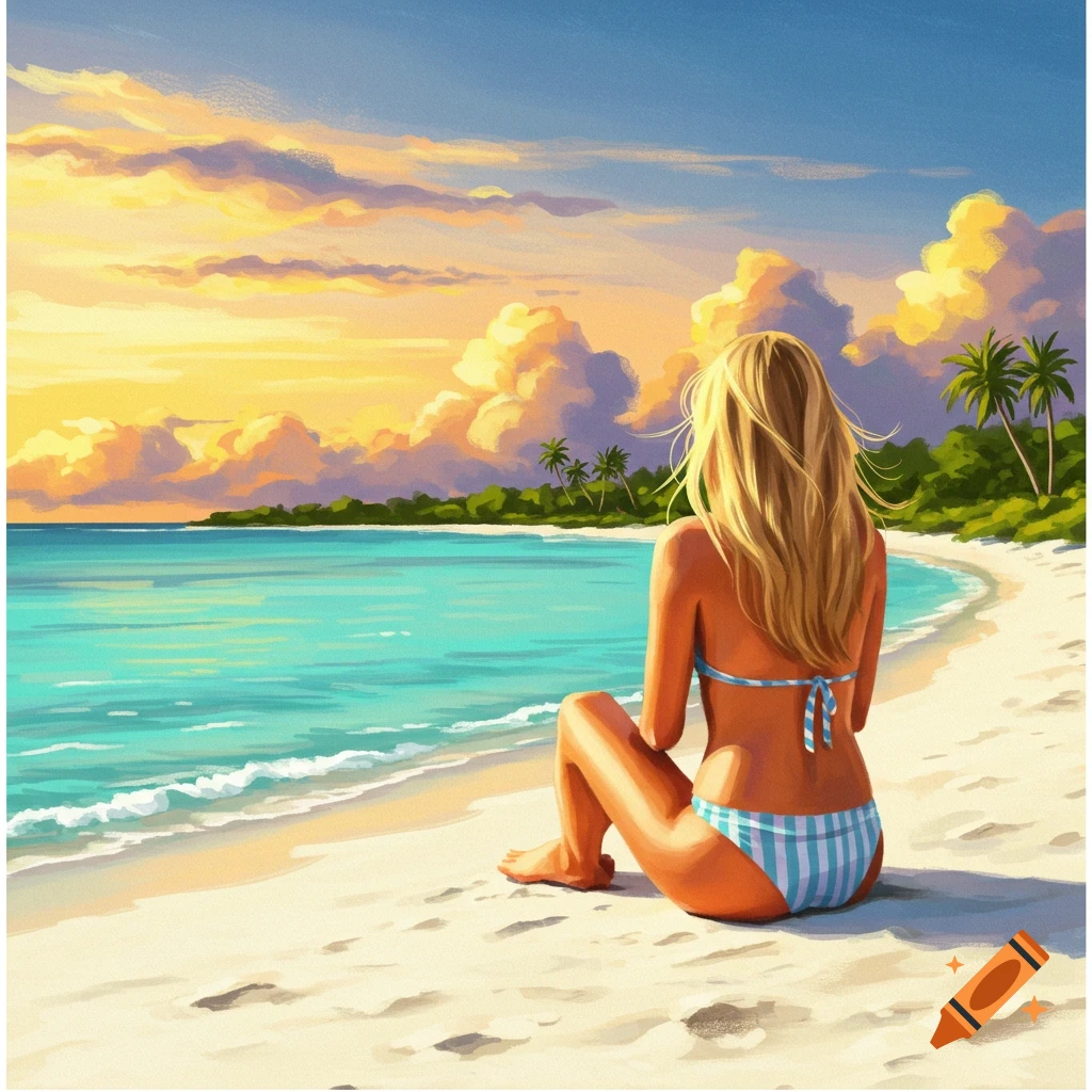 Blond woman sitting on beach watching sunset over the ocean.