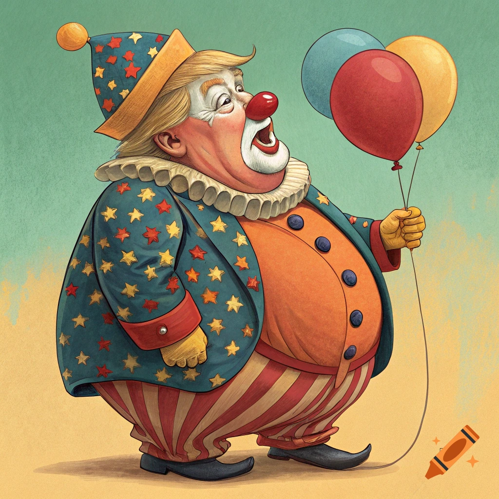 A cartoon caricature of a clown resembling Donald Trump holding balloons.