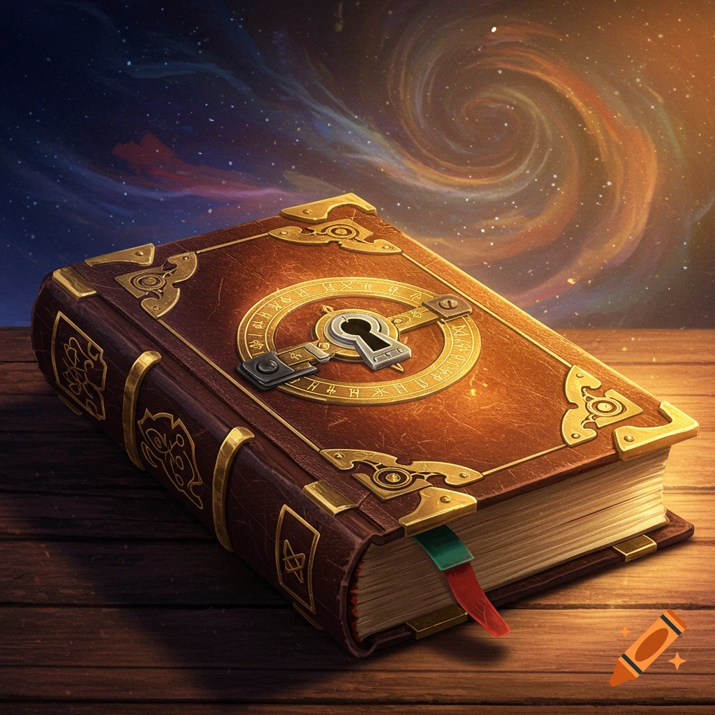 A leather book with a keyhole lock and runes, set against a swirling galaxy background.