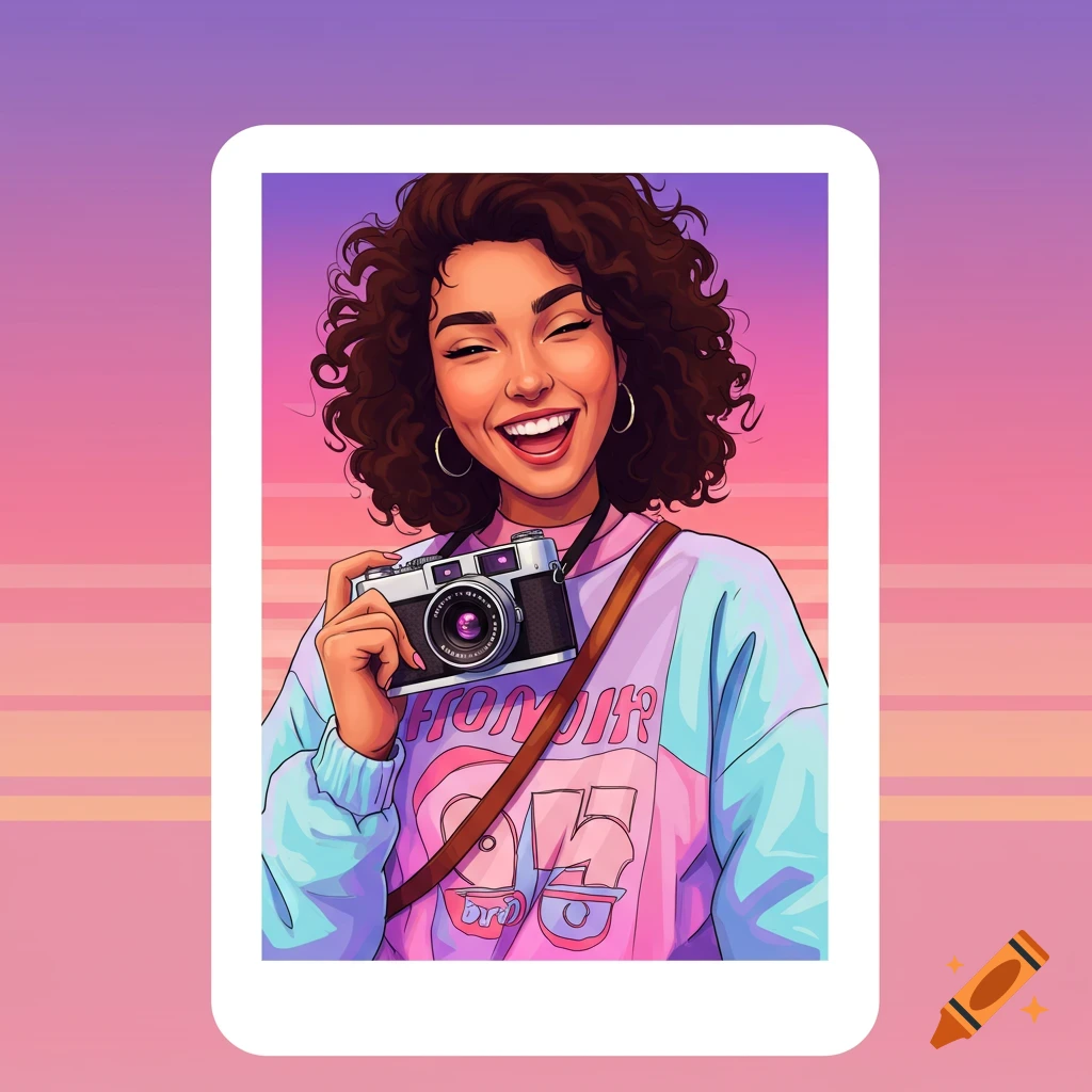 Digital art portrait of a smiling person holding a camera.