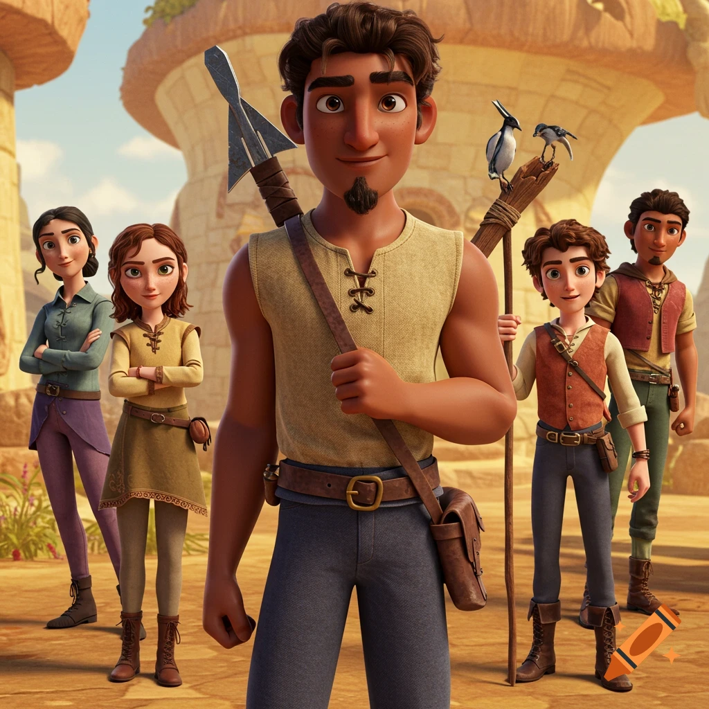Five animated characters in a 3D fantasy style standing outdoors.