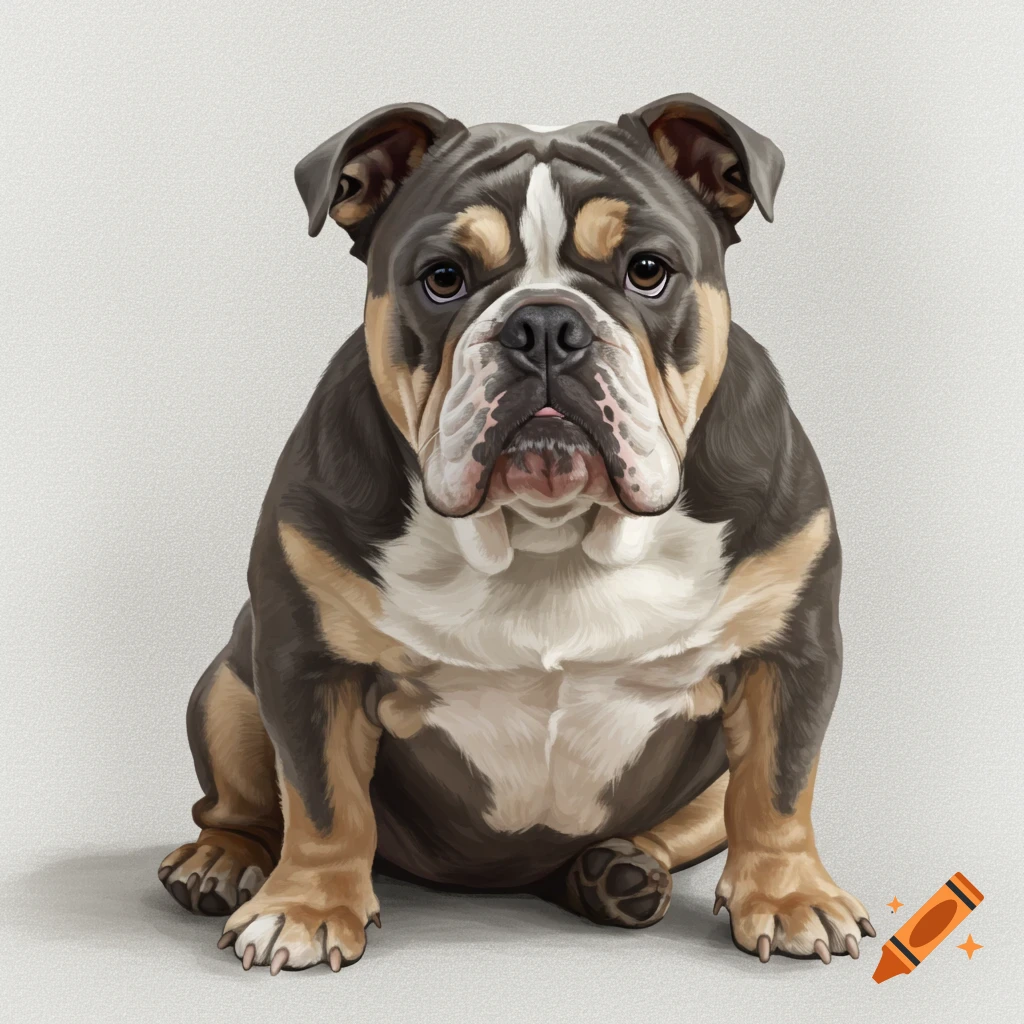 A grey and white bulldog sitting and looking forward.