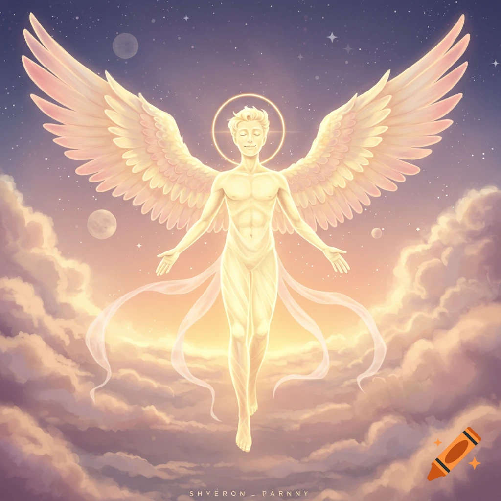 A glowing angelic figure with wings floating among clouds and stars.