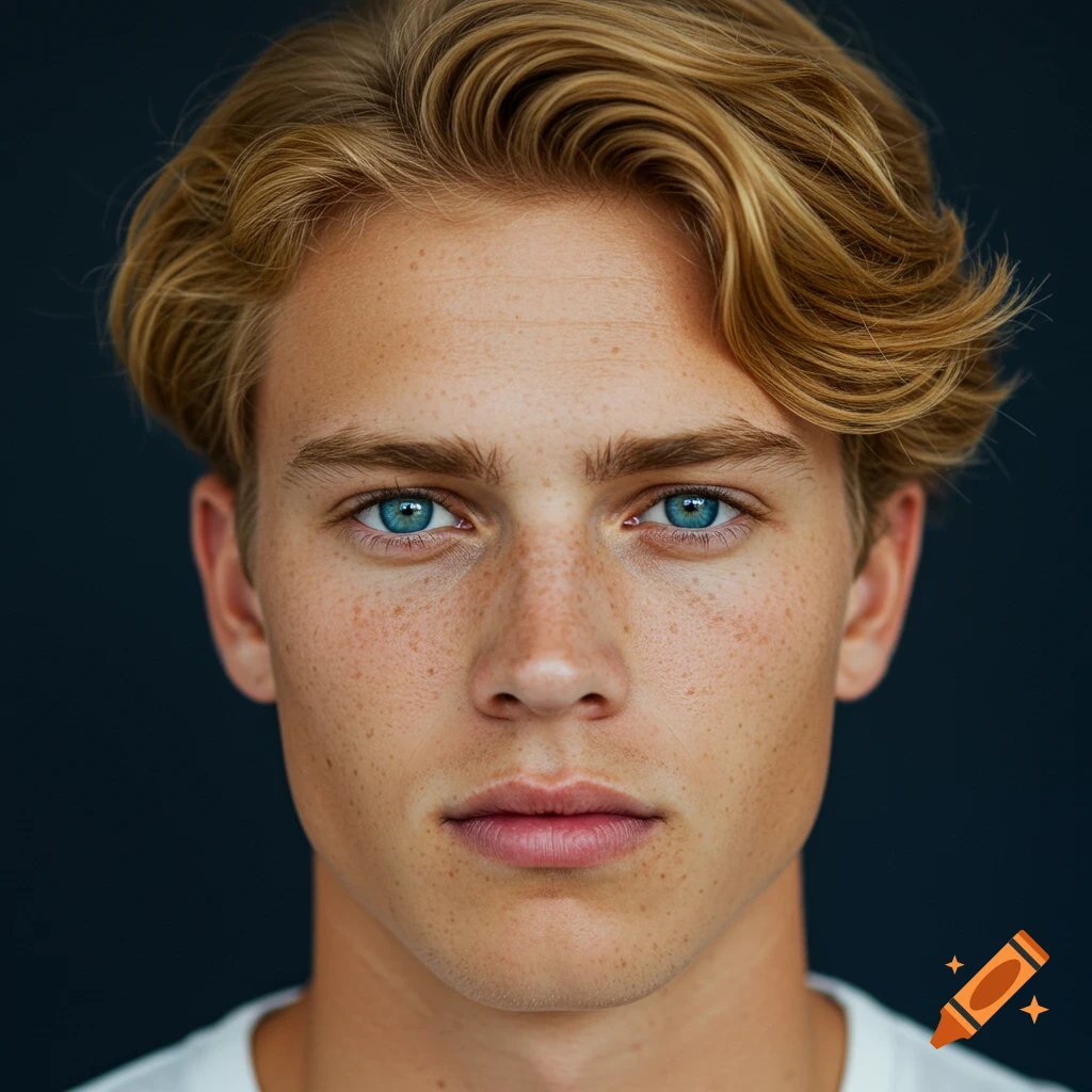 Close-up portrait of a young man with blond hair, blue eyes, and freckles against a dark background.