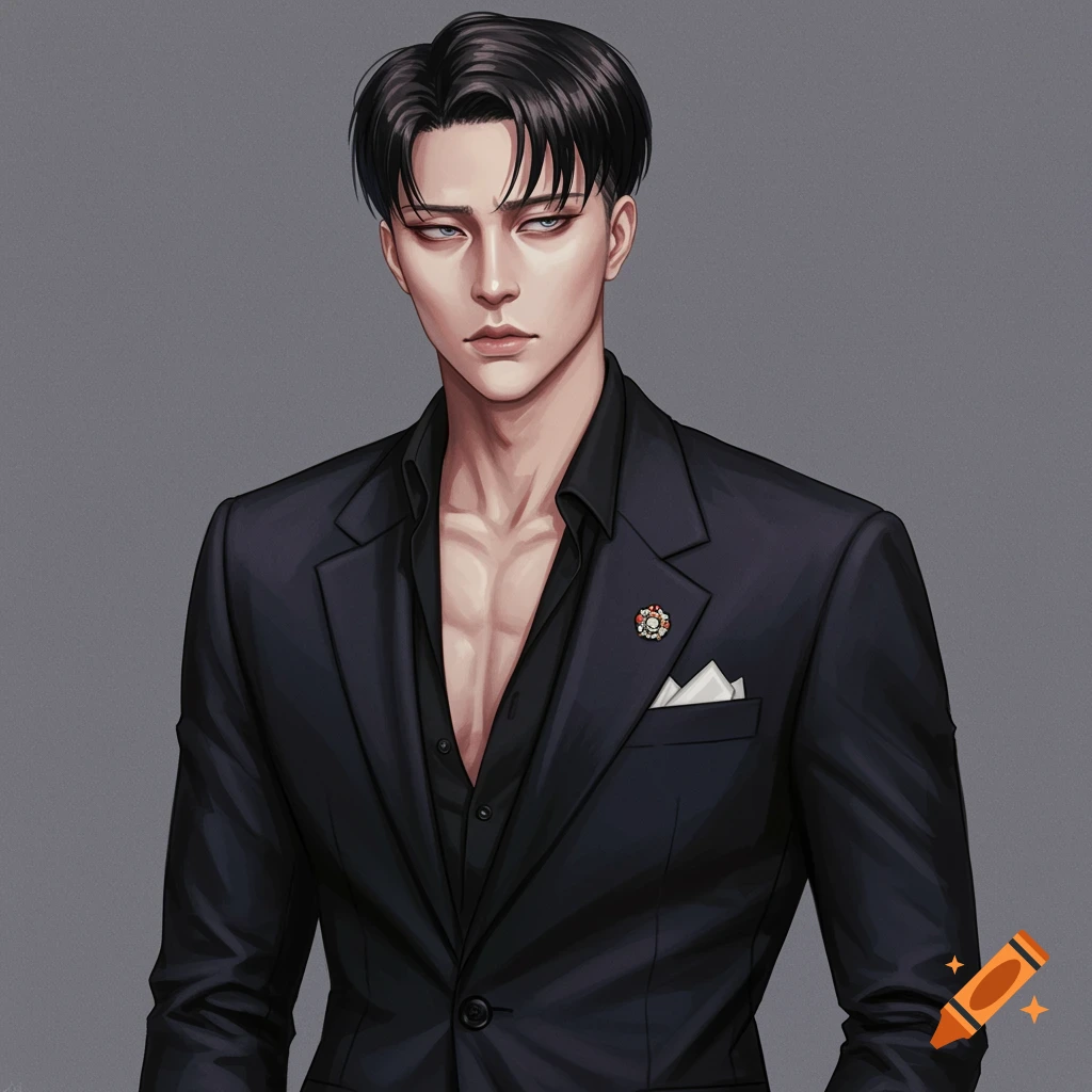 A man in a black suit with an open shirt.