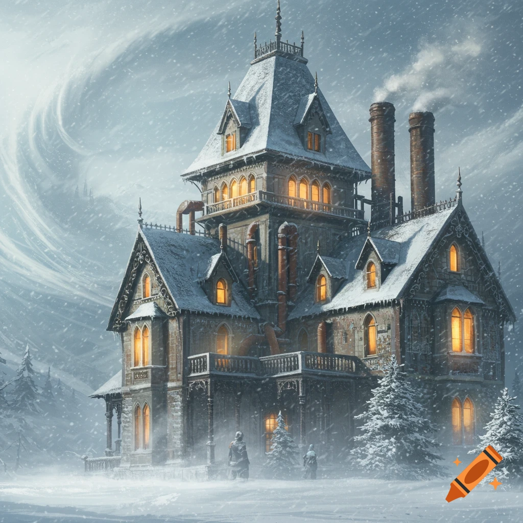 Steampunk mansion with turrets in a blizzard