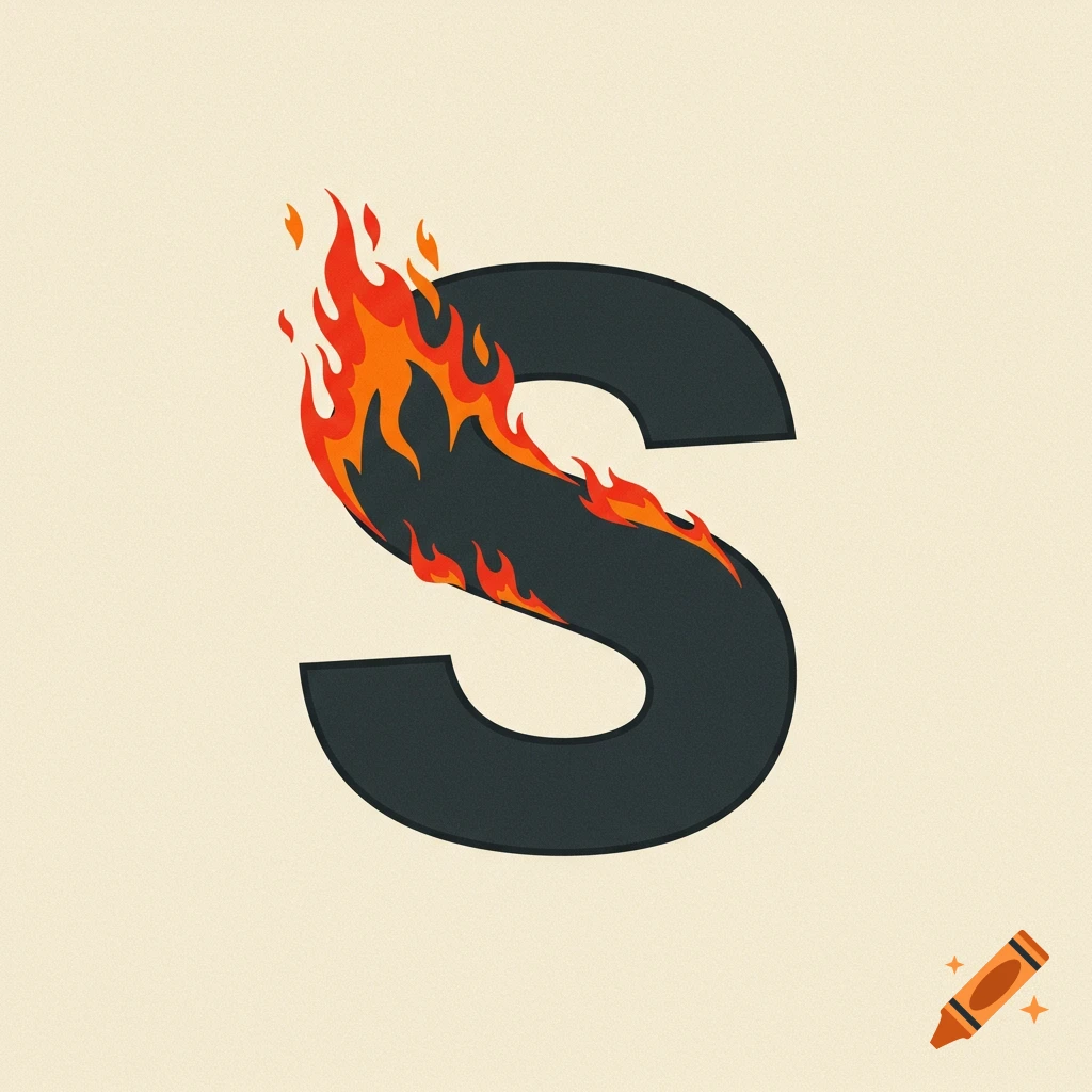 A stylized capital S with cartoon flames.