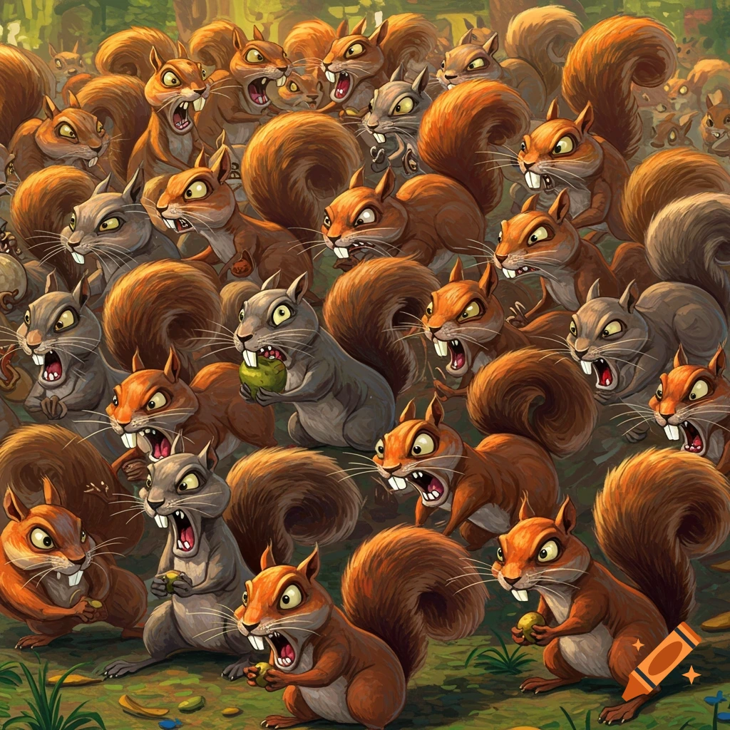 A large group of angry squirrels with sharp teeth and aggressive postures in a forest.