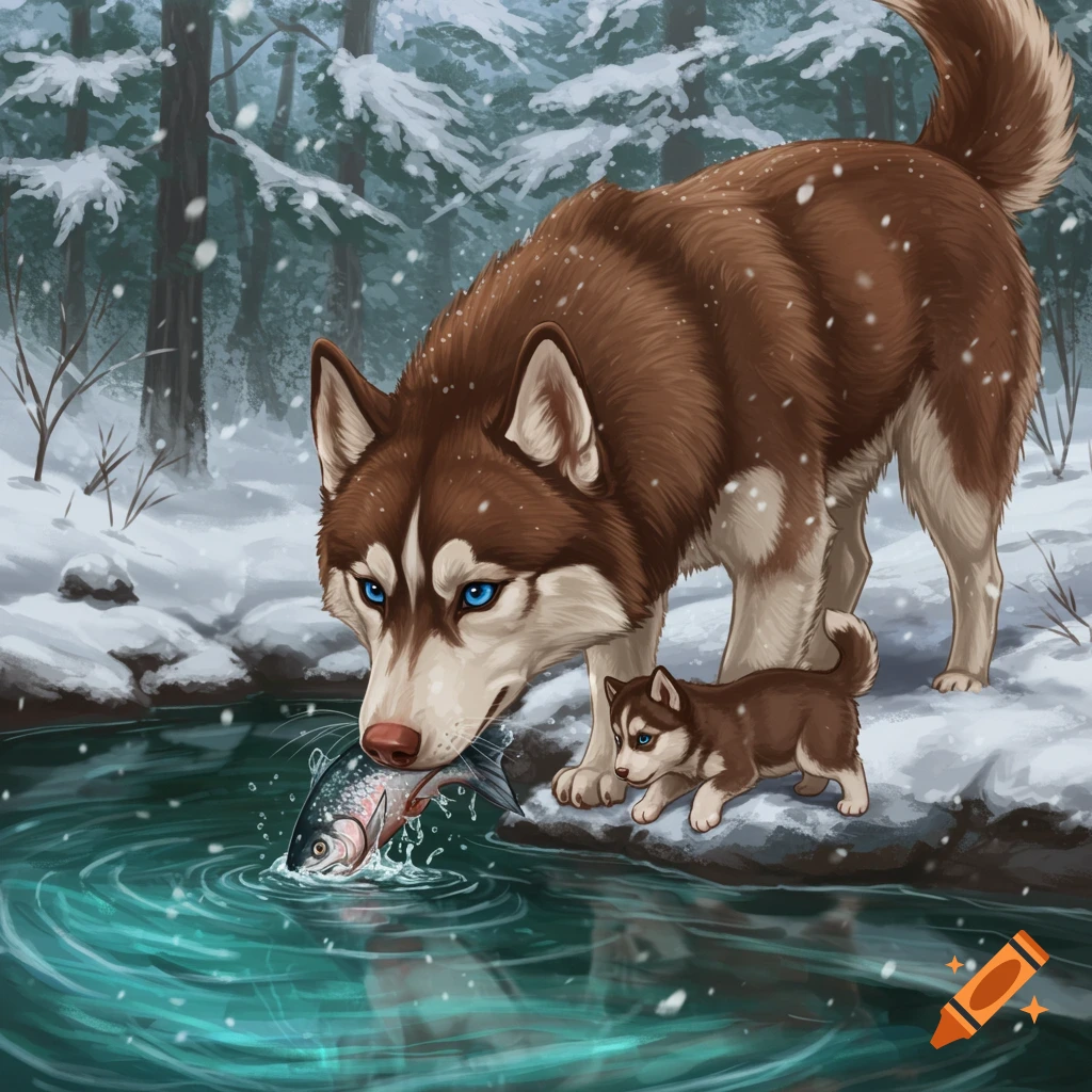 A husky mother fishing for a pup in a snowy forest creek.