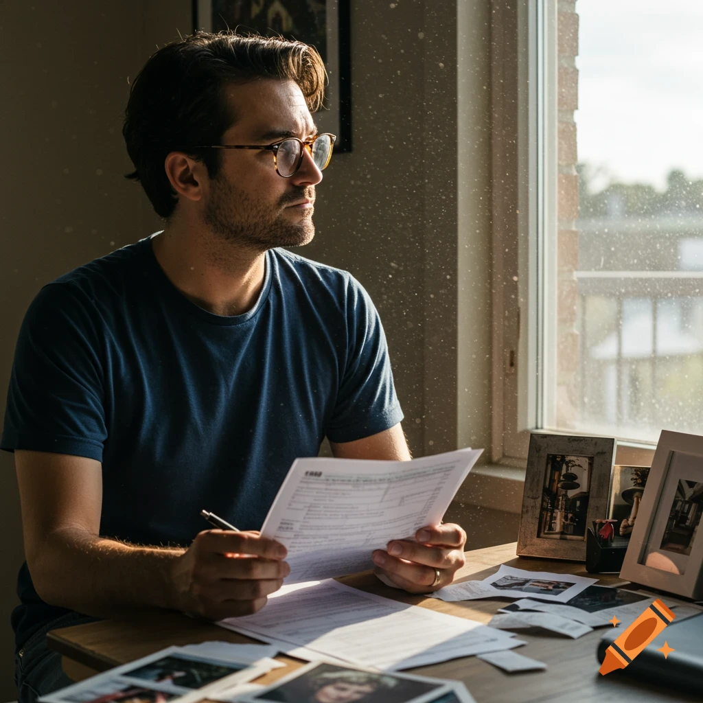 A man in glasses sits at a desk with papers, looking out a sunlit window.