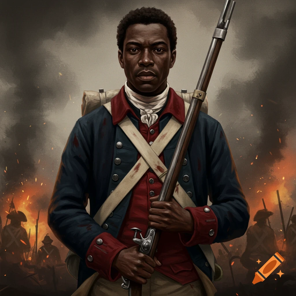 An African American soldier from the Revolutionary War holding a rifle during a battle.