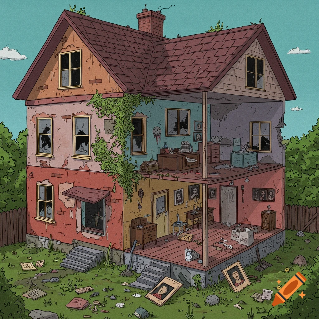 A dilapidated house is shown in cross-section with debris inside and out.