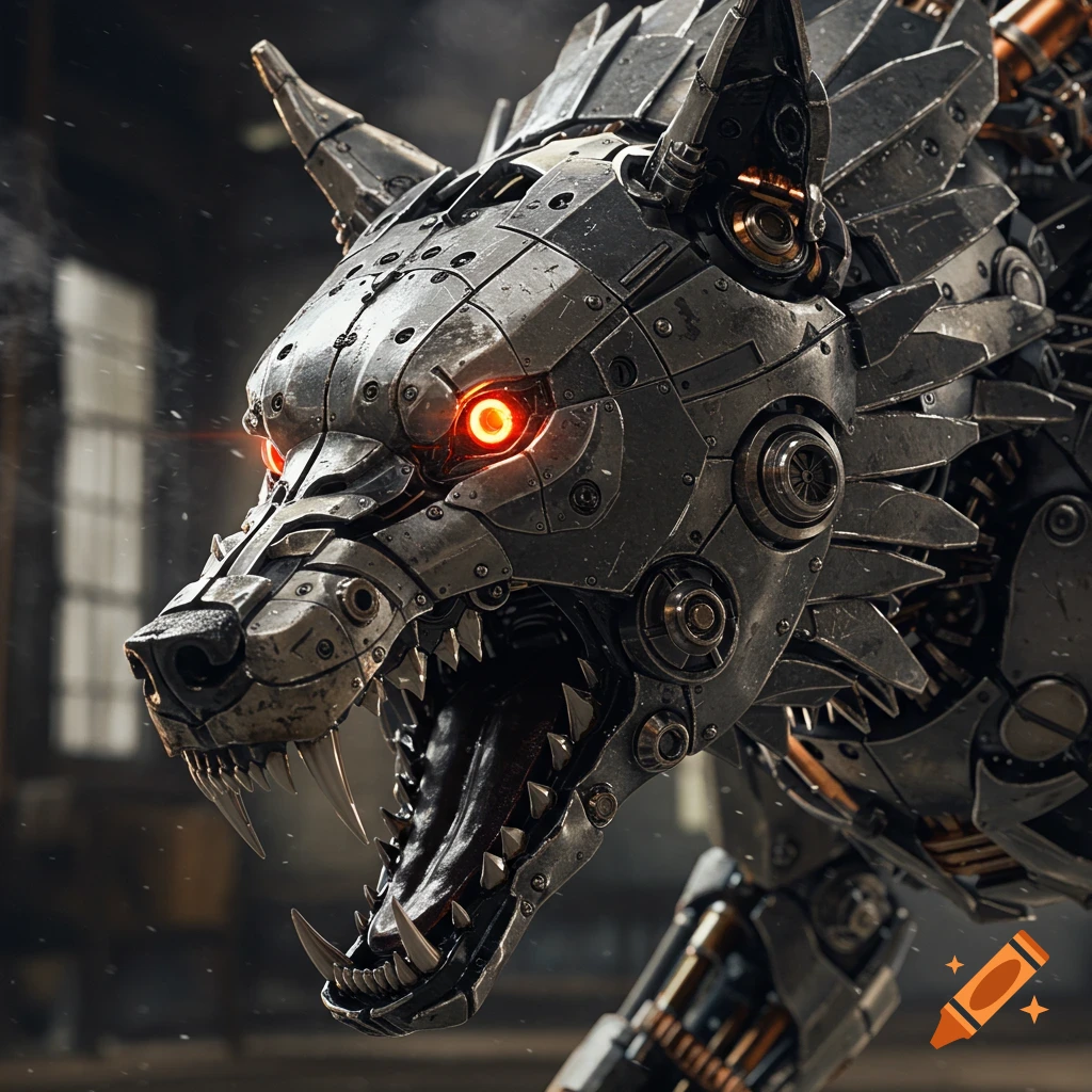 Close-up of a menacing mechanical wolf with glowing red eyes and bared fangs. Highly detailed digital art.