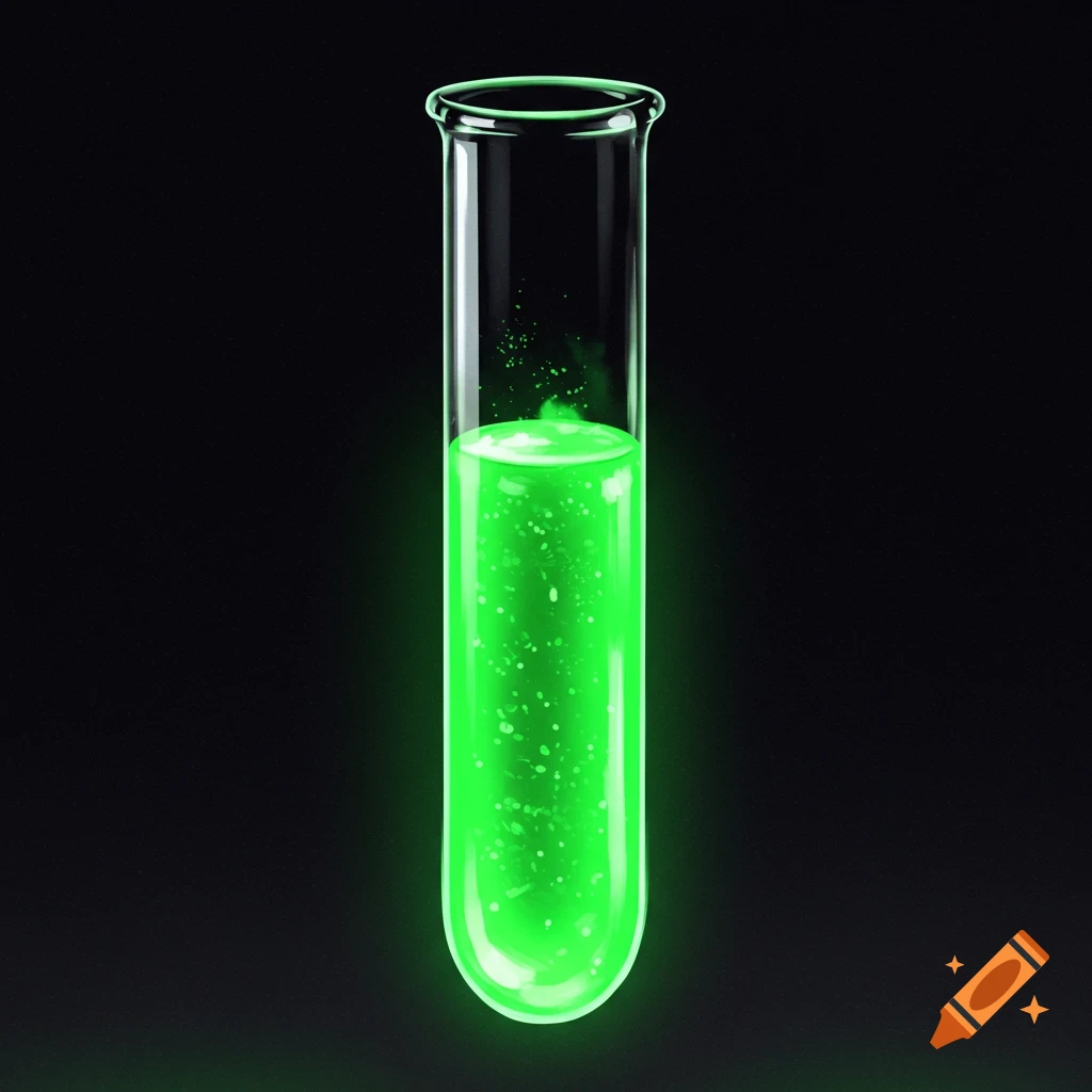 A test tube filled with glowing green liquid and bubbles on a black background.