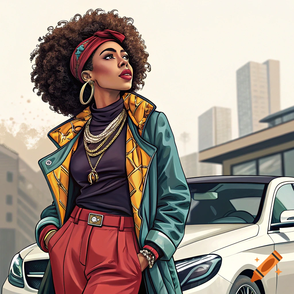 Stylish woman with afro, red bandana, teal coat, red pants, and gold chains stands by a white car in an urban setting.