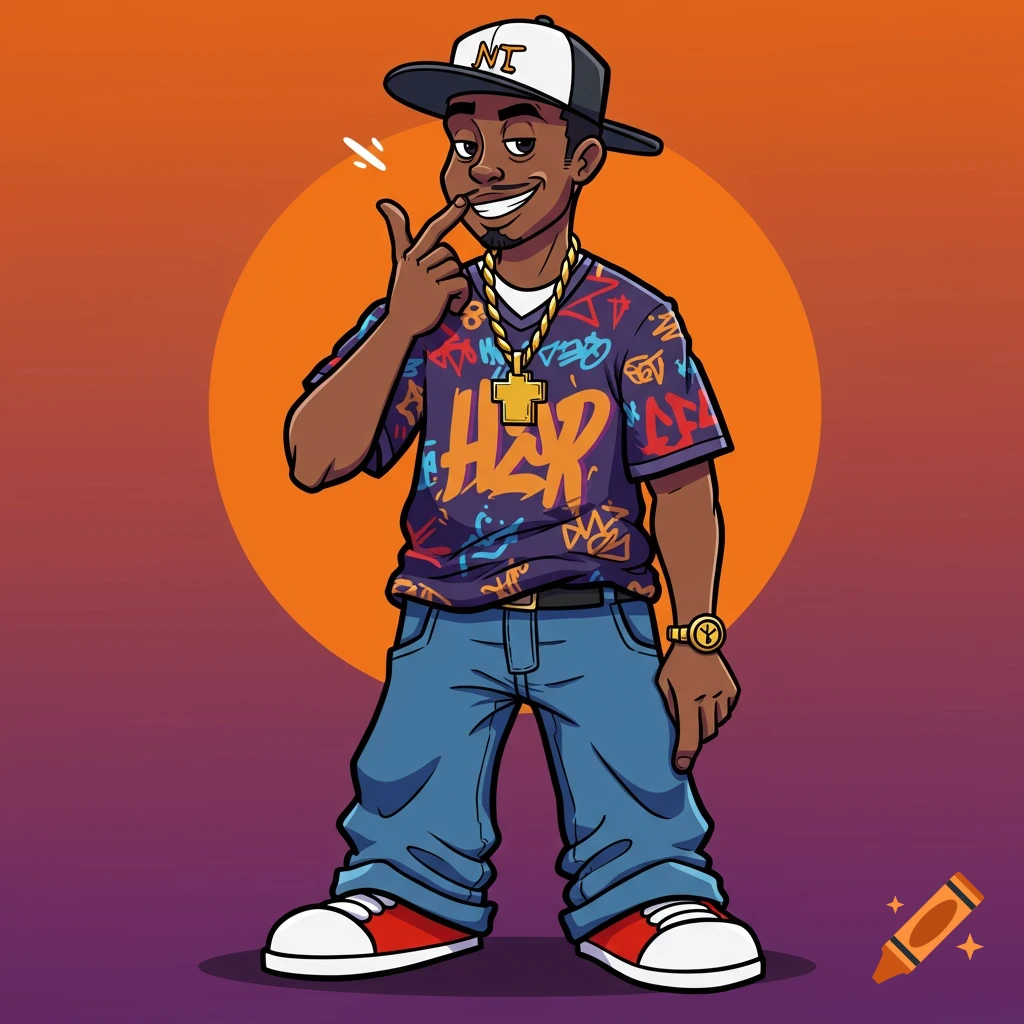 Cartoon person in hip hop clothes and cap, pointing finger