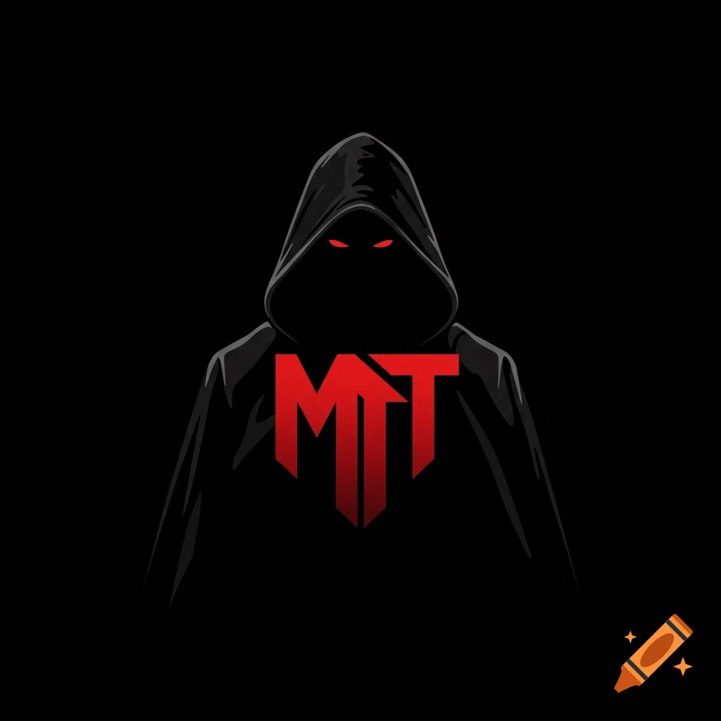 Vector graphic of a mysterious hooded figure with glowing red eyes and a red 'MT' logo on its chest.