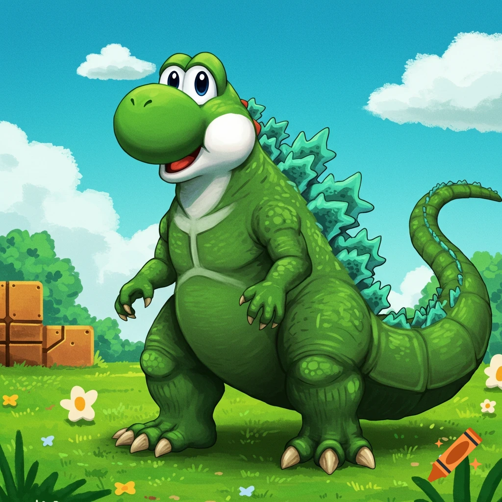 A green Yoshi-Godzilla hybrid stands in a grassy landscape with blocks and clouds.