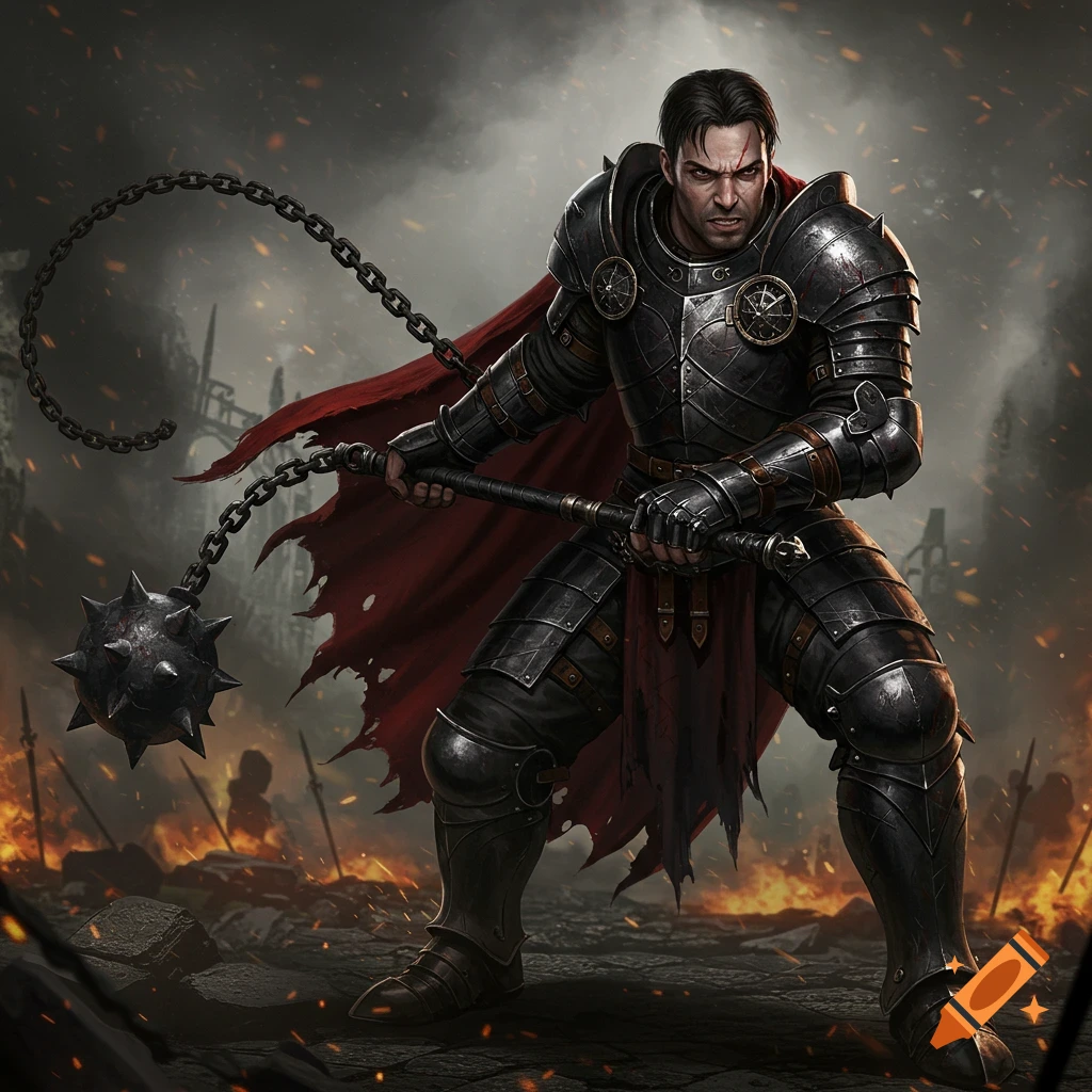 A man in black armor and red cape holds a flail in a ruined, fiery battlefield.