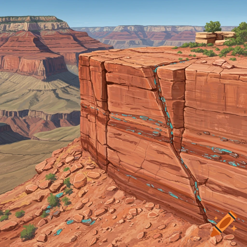 A canyon landscape with red rock layers and turquoise elements in a fissure.