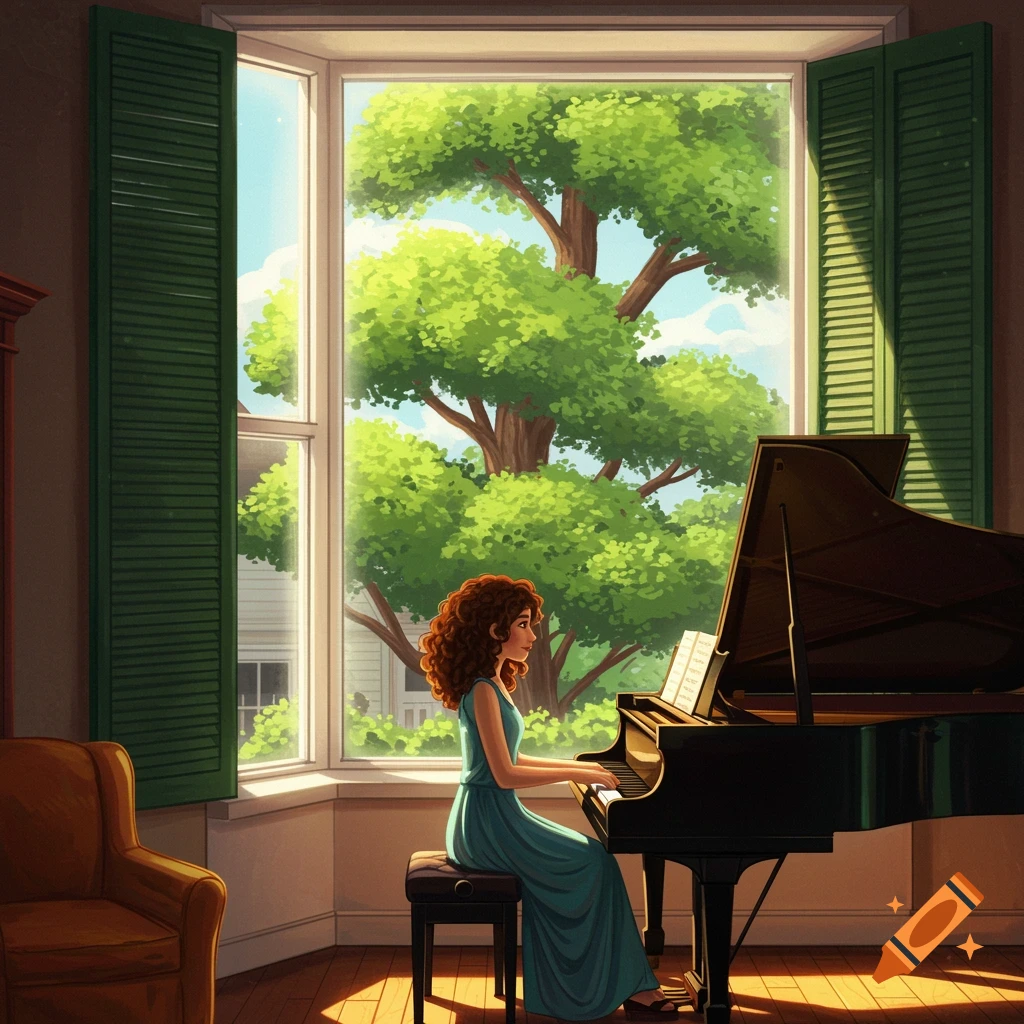 A woman playing a grand piano by a large window looking out at a tree.