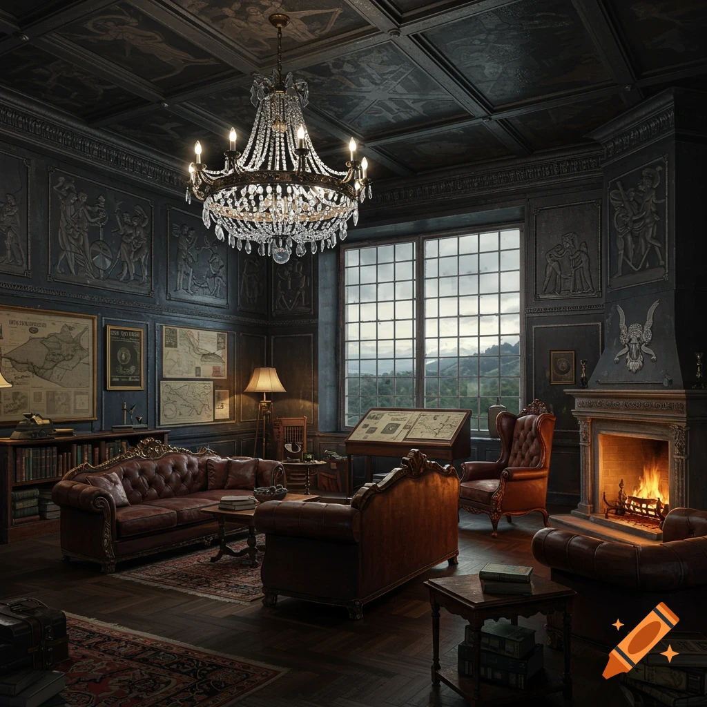 A lavish historical library or study with leather furniture, maps on walls, a fireplace, and a large window.