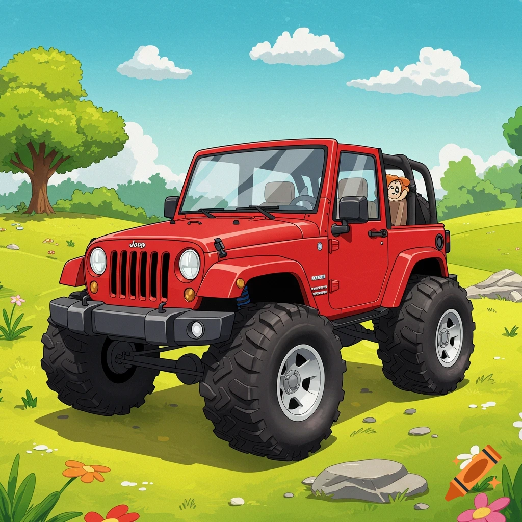 Cartoon red Jeep on a grassy hill with a character inside