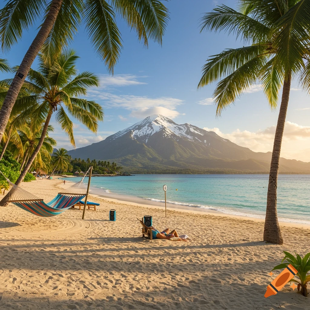 Tropical beach with palm trees, hammocks, and a person sunbathing, a snow-capped mountain in the background.