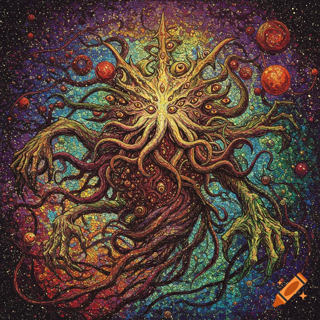 Mosaic style depiction of a cosmic entity with many eyes and tentacles against a starry background.
