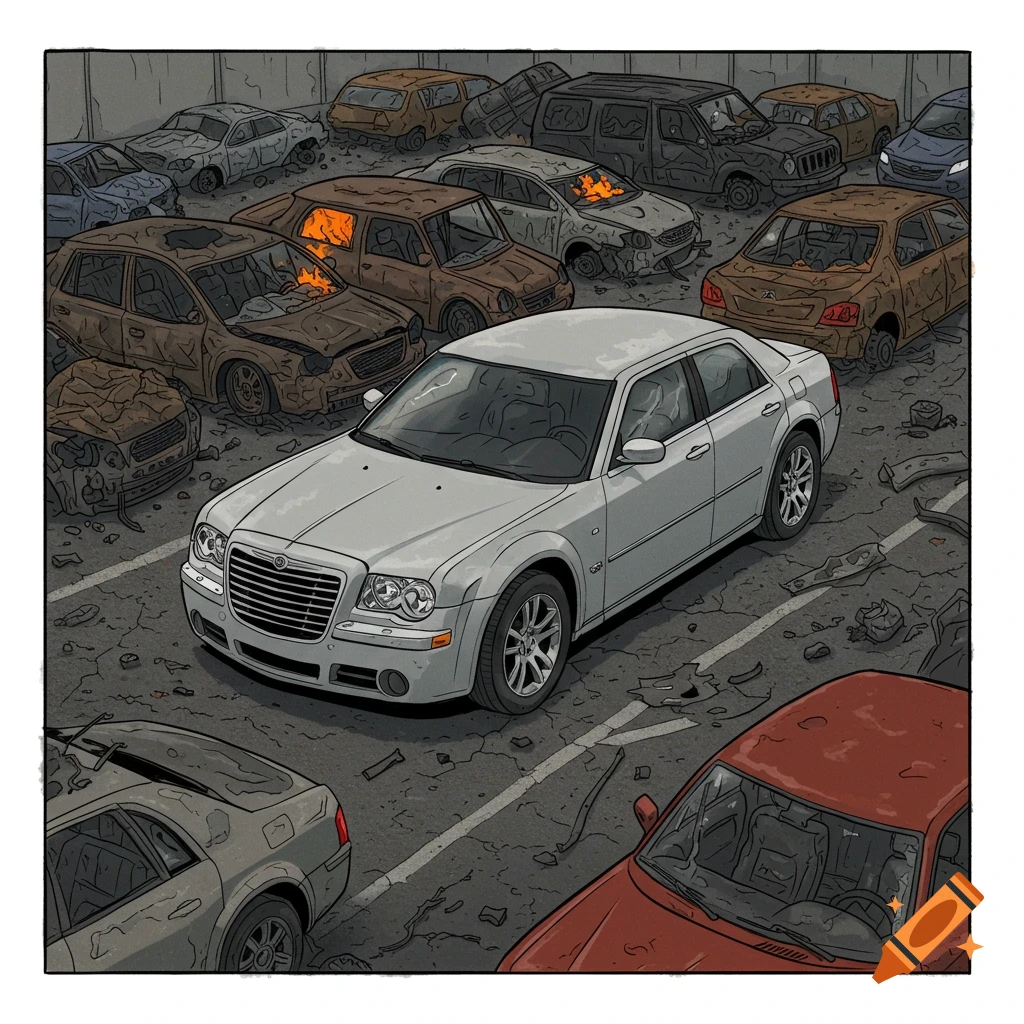 A clean grey Chrysler 300 sedan is parked in a lot full of wrecked and burning cars. Illustrated style.