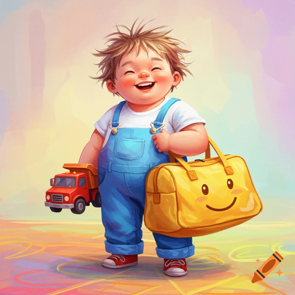 Cartoon illustration of a joyful child in overalls holding a red toy truck and a yellow bag with a smiley face.