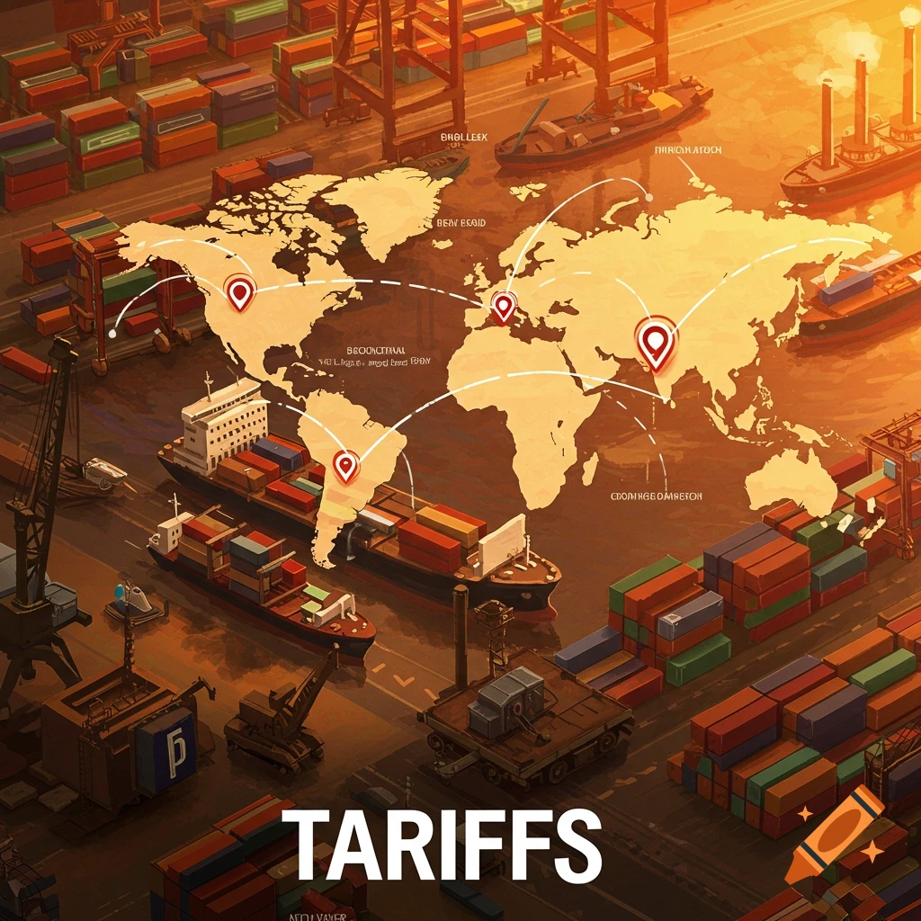 A port scene with ships, cranes, world map, and the word TARIFFS.