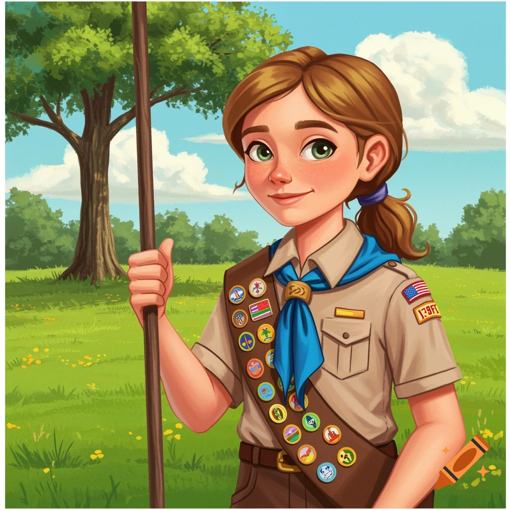A young Girl Scout in uniform holds a flagpole in a field.