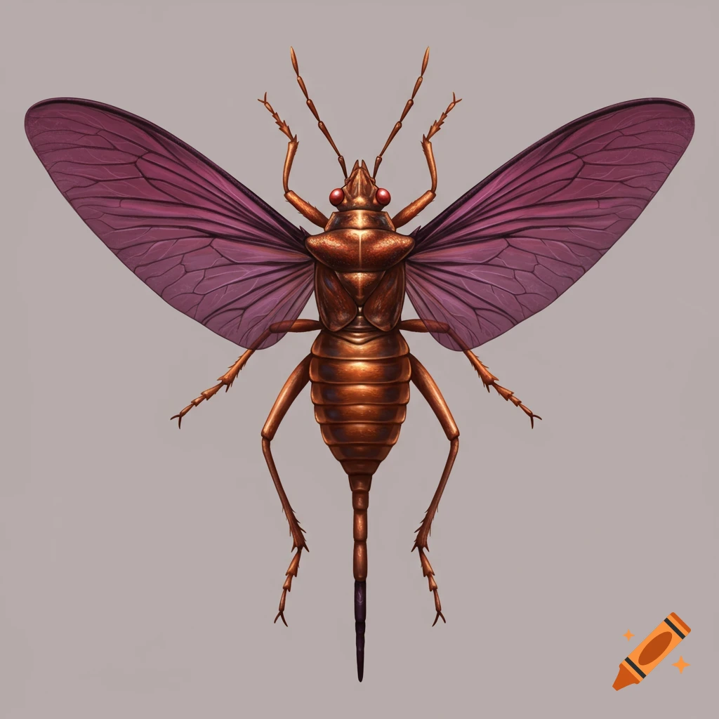 A brown insect with red eyes and purple wings, viewed from above.