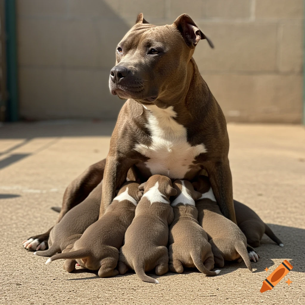 A brown pit bull mother dog nurses her litter of puppies in the sun.