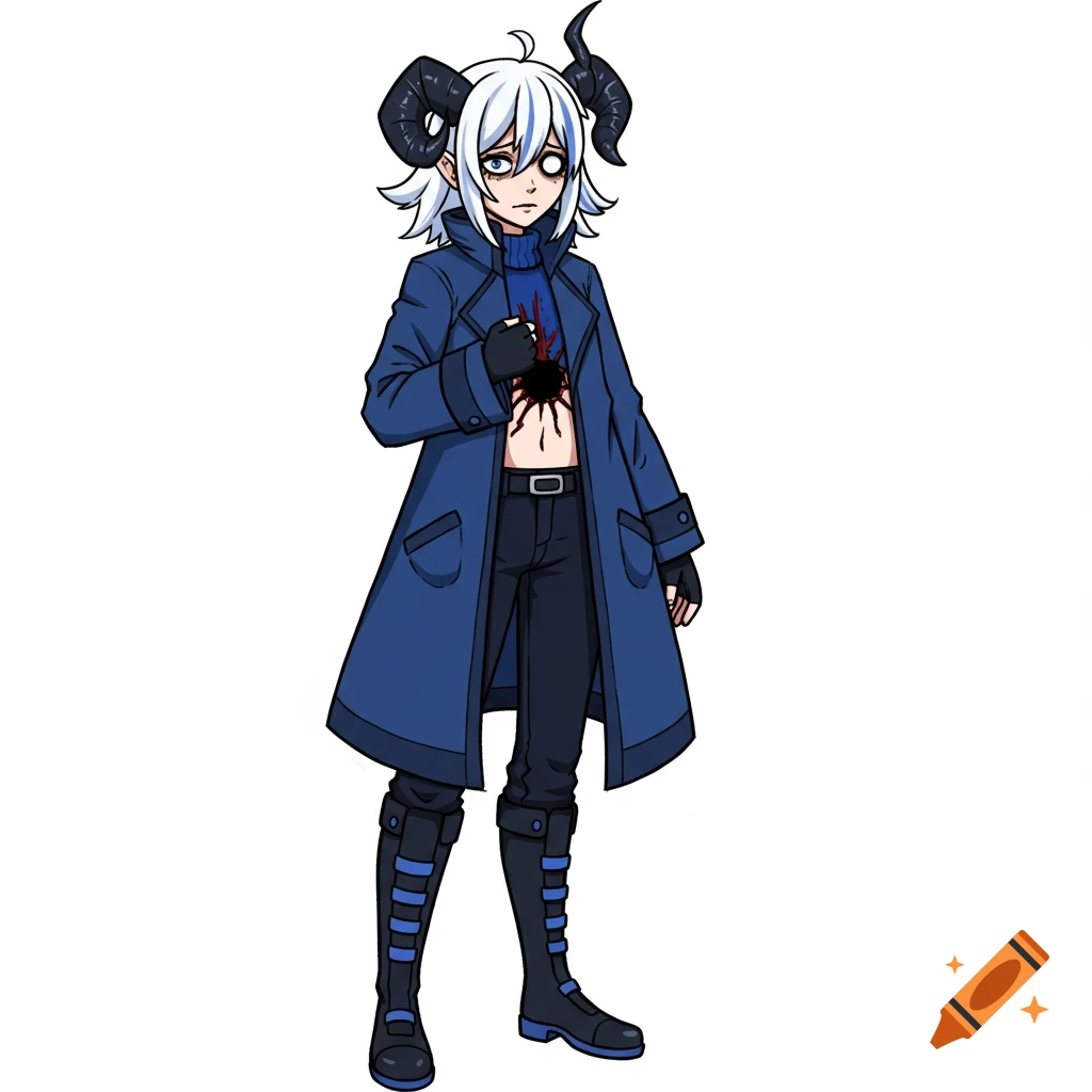 Anime character with horns, white hair, blue coat, black pants, and a hole in their chest.