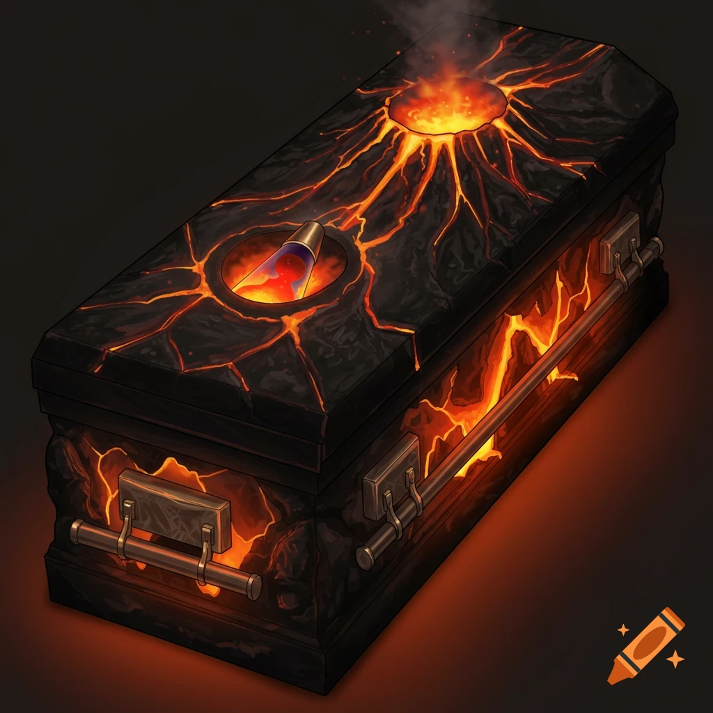 A funeral casket themed like an erupting volcano with lava cracks and smoke.