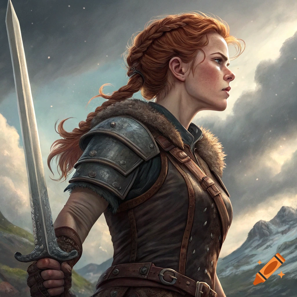 Female warrior with red hair and braid, wearing armor and holding a sword, in a mountain landscape.