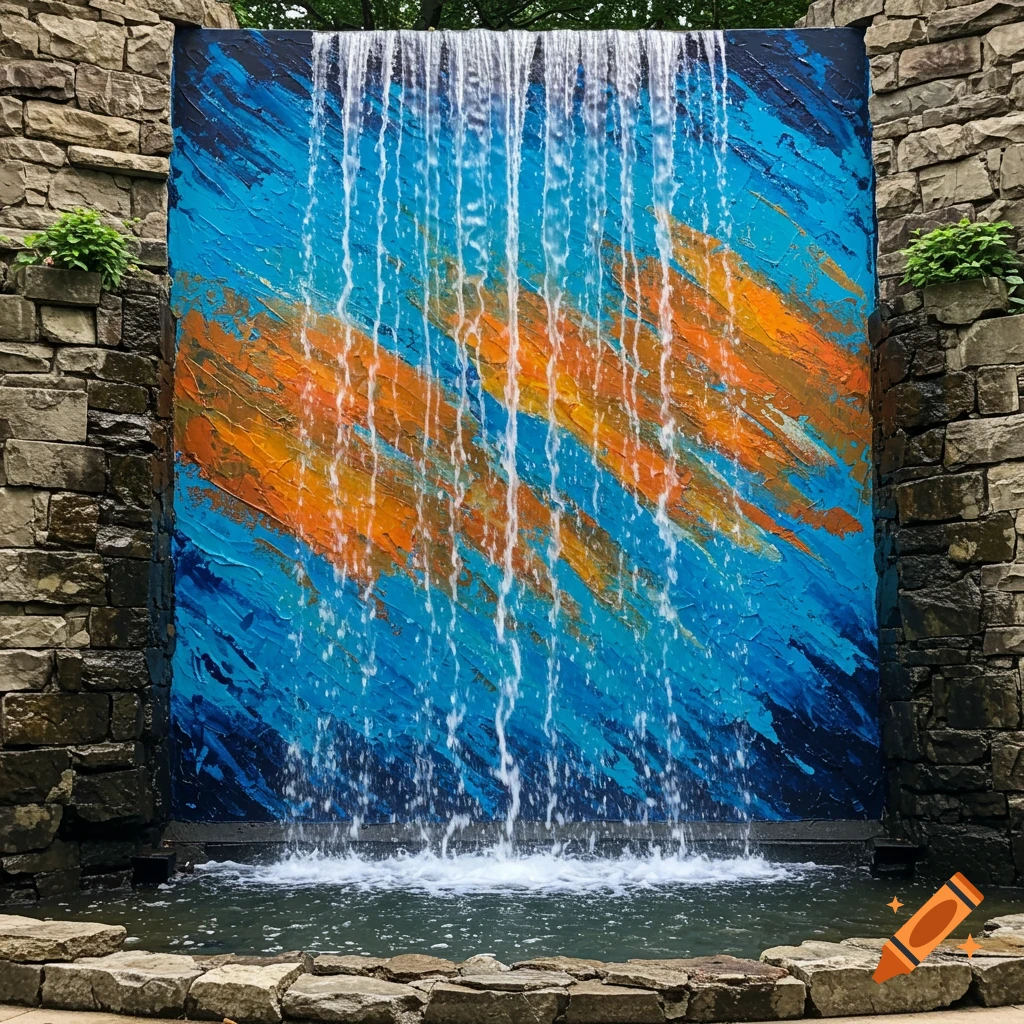 A waterfall flows over a vibrant abstract painting with blue and orange diagonal strokes set within a stone wall.