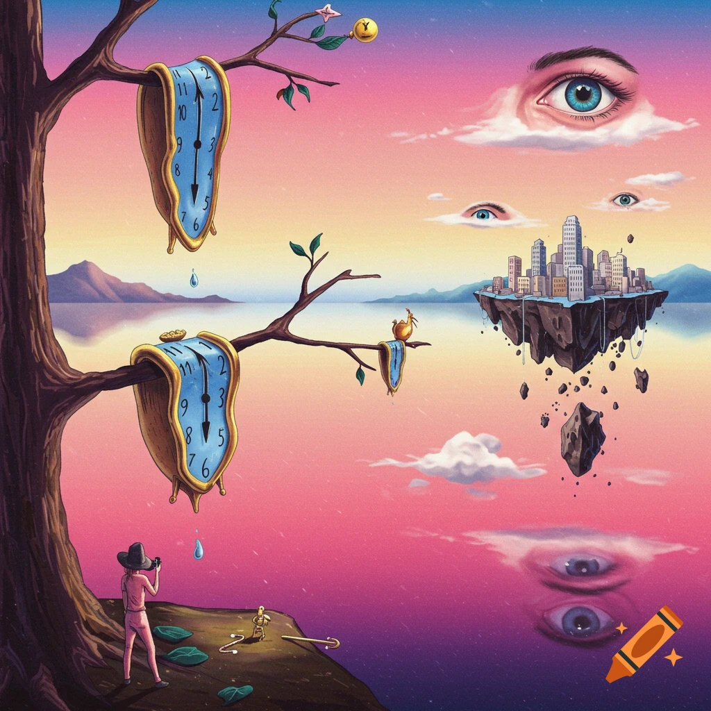 Surreal painting of melting clocks on a tree, eyes, a floating city, and figure in a landscape at sunset.